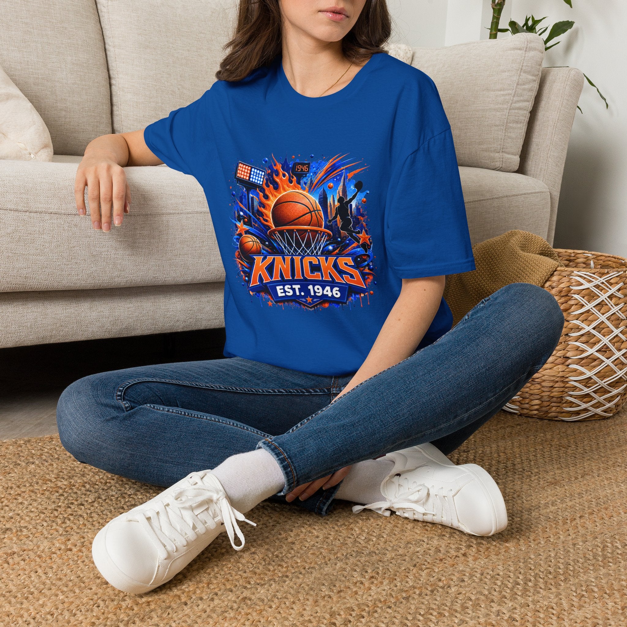Knicks Basketball T-Shirt — Retro Flame Court Graphic (Est. 1946)