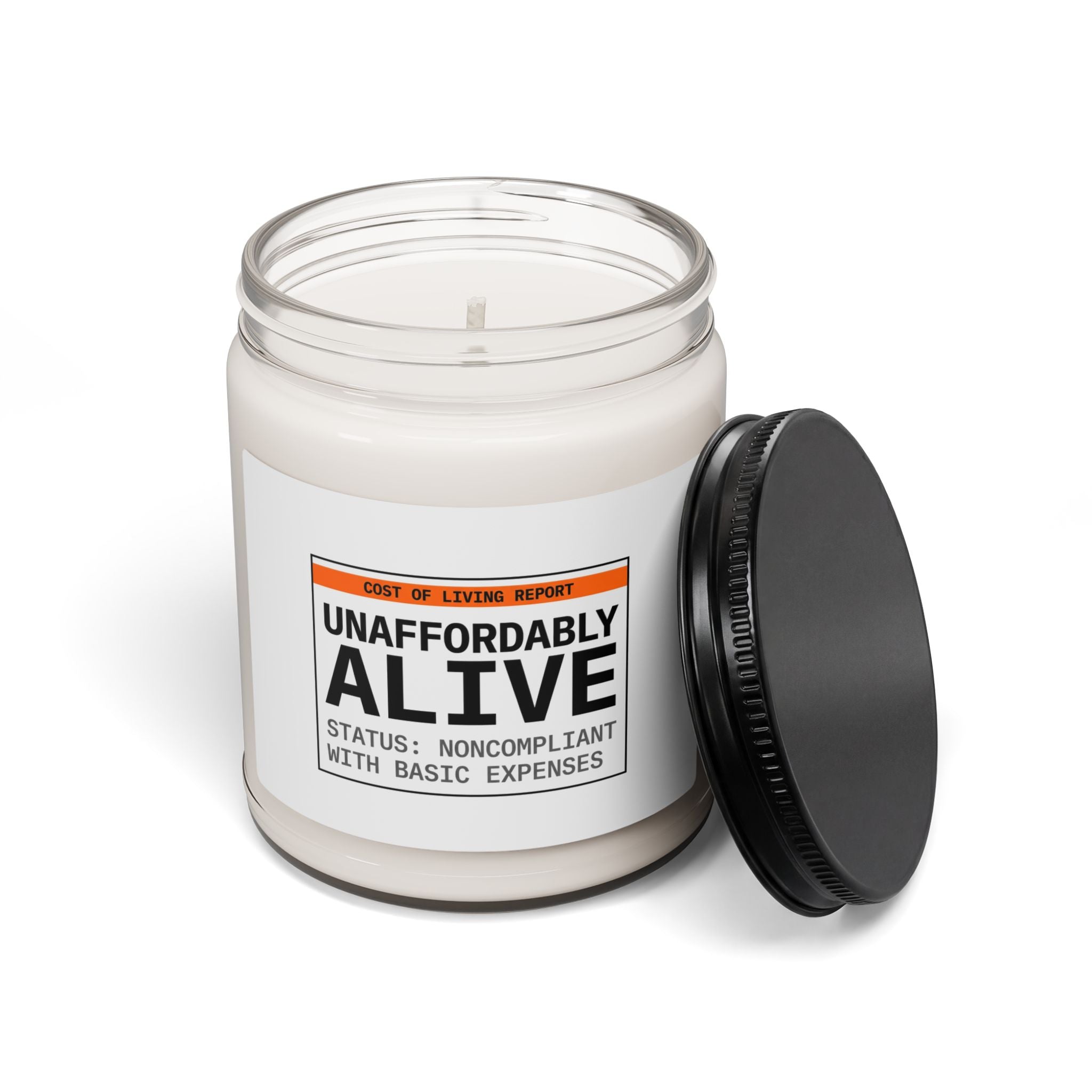 Unaffordably Alive Candle, cost of living crisis, budget humor soy candle