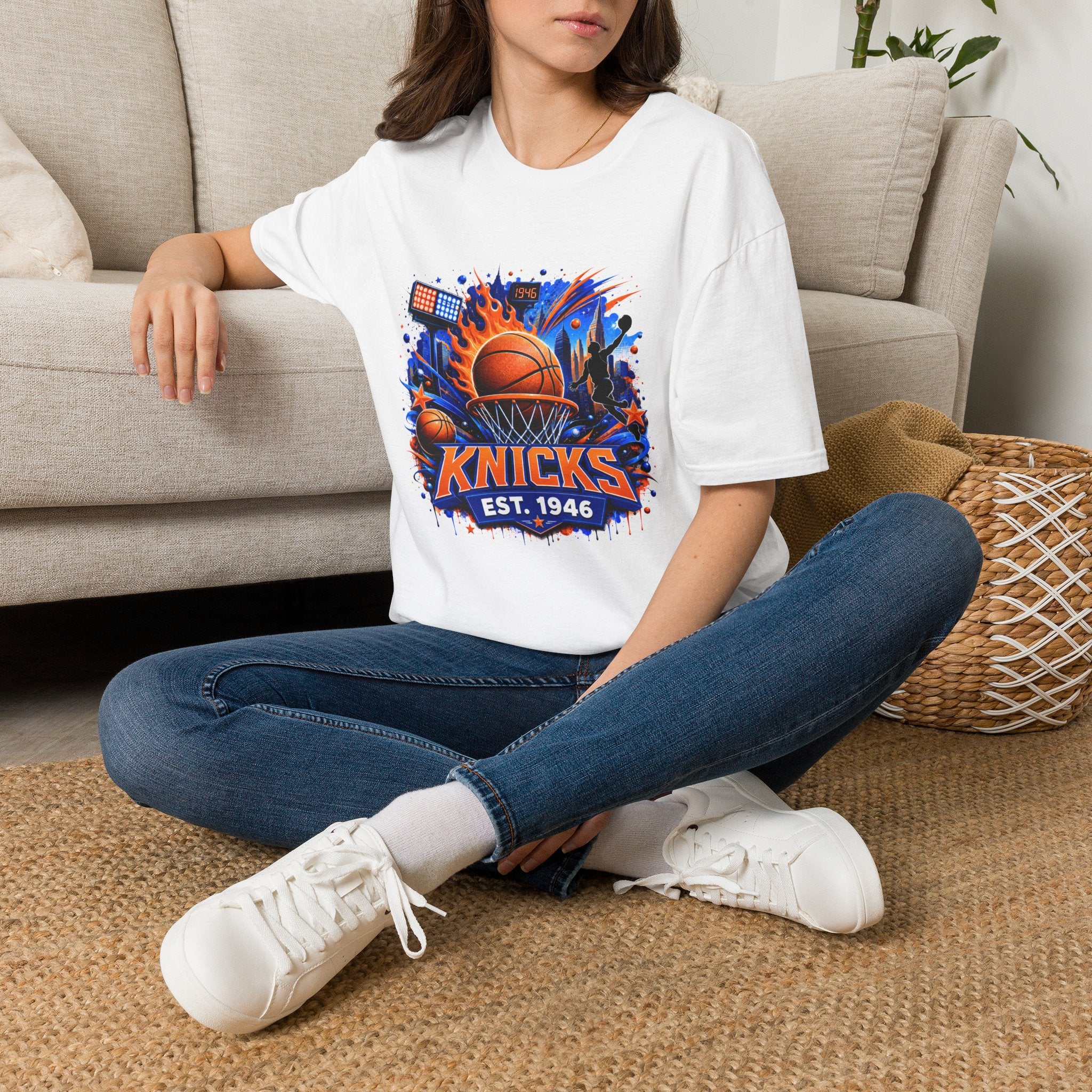 Knicks Basketball T-Shirt — Retro Flame Court Graphic (Est. 1946)