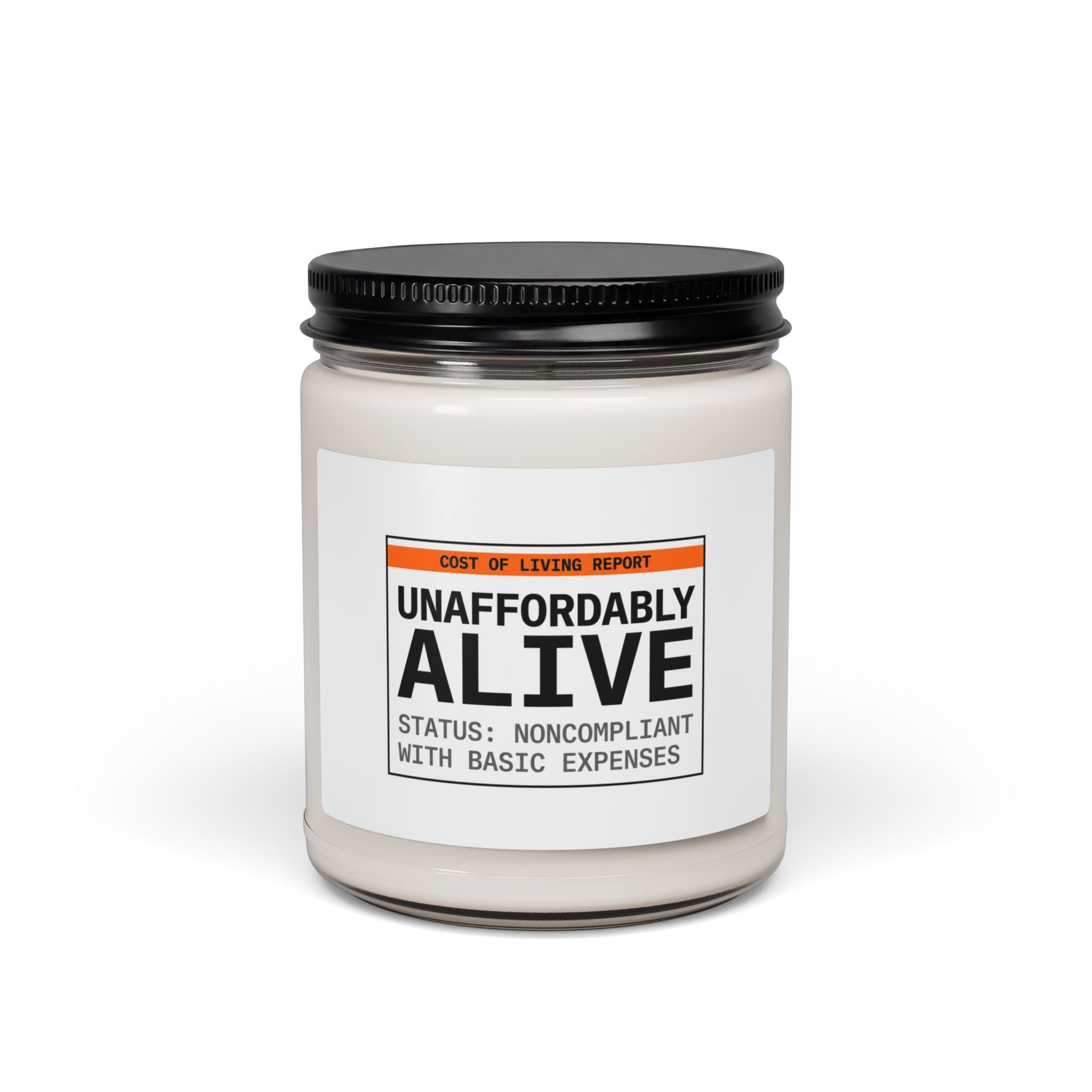 Unaffordably Alive Candle, cost of living crisis, budget humor soy candle